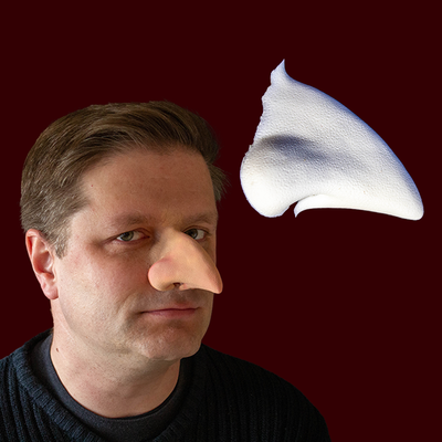 Man with a large white nose on a dark red background
