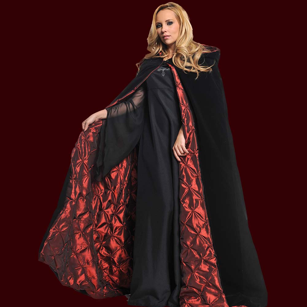 black dress red cape costume Black Red Halloween Costume Dress with Cape and Dramatic Collar for Women