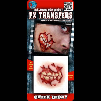 Exposed teeth ripped cheek 3D zombie transfer makeup
